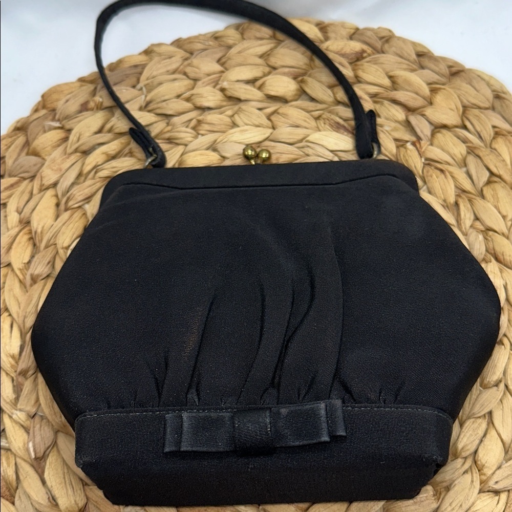 Elegant Black VINTAGE Handbag with Bow Detail and Rhinestone Clasp